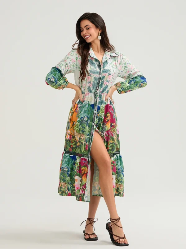 Womens Floral Shirt Dress Lapel Neck Long Sleeve Tie Waist Button Down Long Dress for Daily Party Club