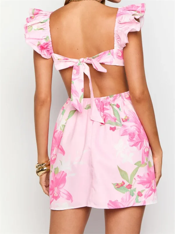 Women's Deep V Neck Dress Flutter Sleeve Tie Back Cutout Floral Print Dress Flowy Vacation Dress
