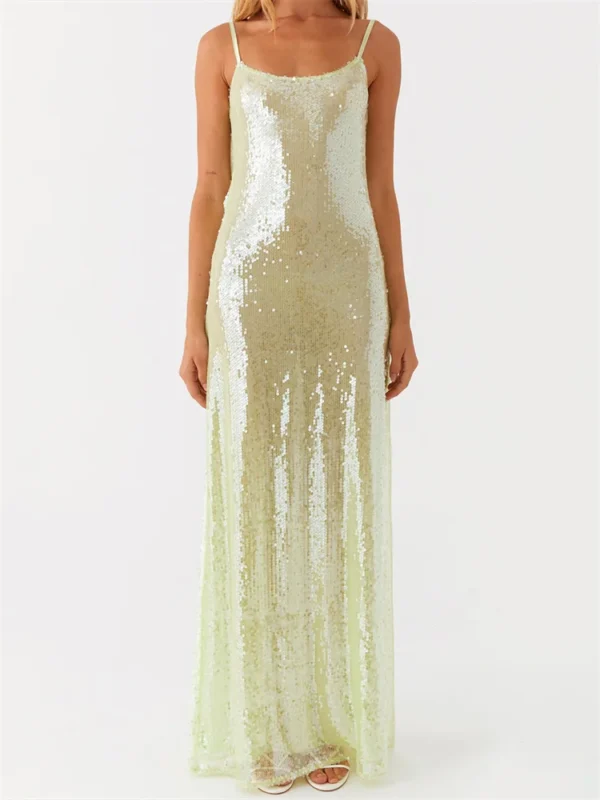 Women Shiny Sequins Dress Summer Draped Backless Spaghetti Strap Party Dress for Vacation Cocktail Beach Streetwear