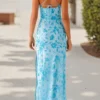 Women Beaded Flower Cami Dress Glitter Sequin Spaghetti Strap Open Back High Split Long Dress for Party Club