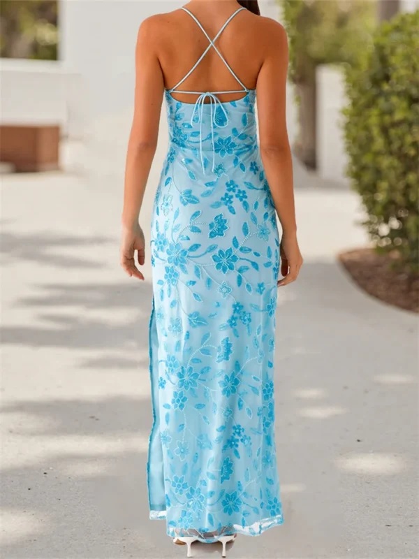 Women Beaded Flower Cami Dress Glitter Sequin Spaghetti Strap Open Back High Split Long Dress for Party Club