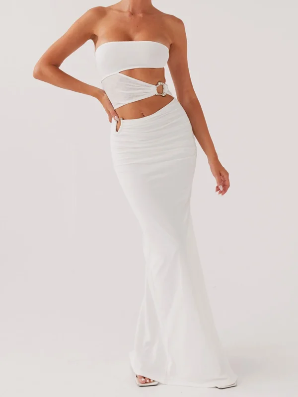Women's Strapless Tube Dress Solid Color Hollow Out Bodycon Long Dress for Party Evening Elegant Summer Dresses