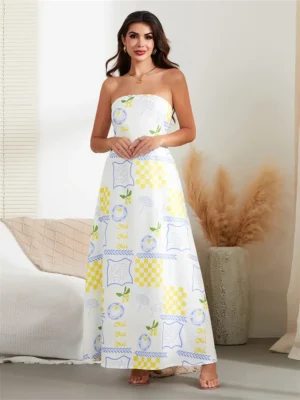 Women Tube Dress Strapless Fruit Print Loose Flowy Long Dress 2024 Summer Bohemian Beach Holiday Casual Dresses