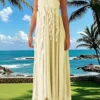 Women Summer Long Dress Solid Color Ruffle Tassel Sleeveless Backless Pleated Dress for Party Club Holiday