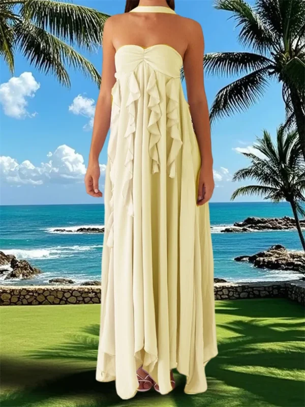 Women Summer Long Dress Solid Color Ruffle Tassel Sleeveless Backless Pleated Dress for Party Club Holiday