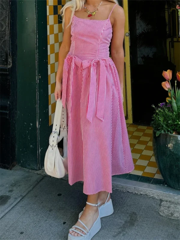 Women’s Bow Long Dress Summer Sleeveless Spaghetti Strap Stripes/Dots Print Dress Flowy Dress